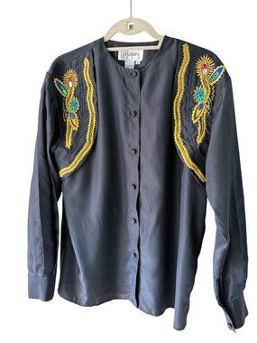 Cedars Womens Embroidered Pleated Blouse Size 12 Black Satin Vintage Western